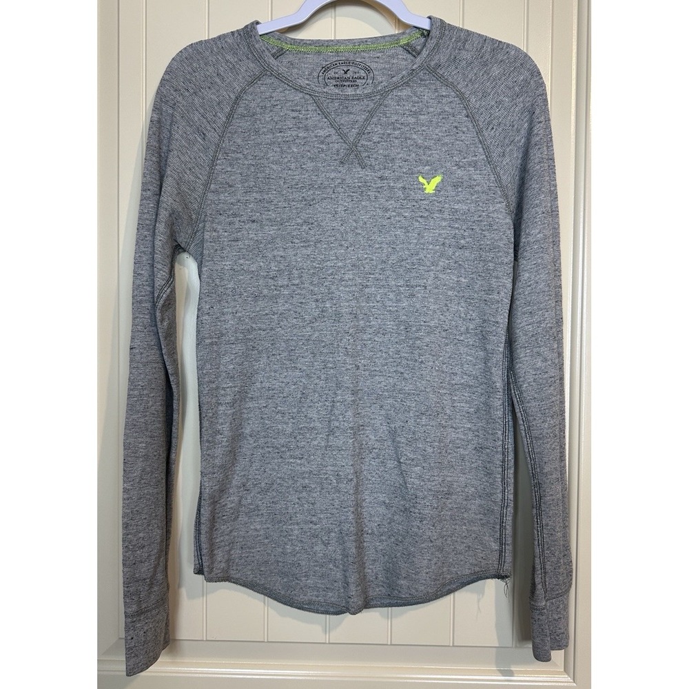 American Eagle Shirt Mens gray Waffle Knit Long Sleeve Thermal AE Logo sz XS